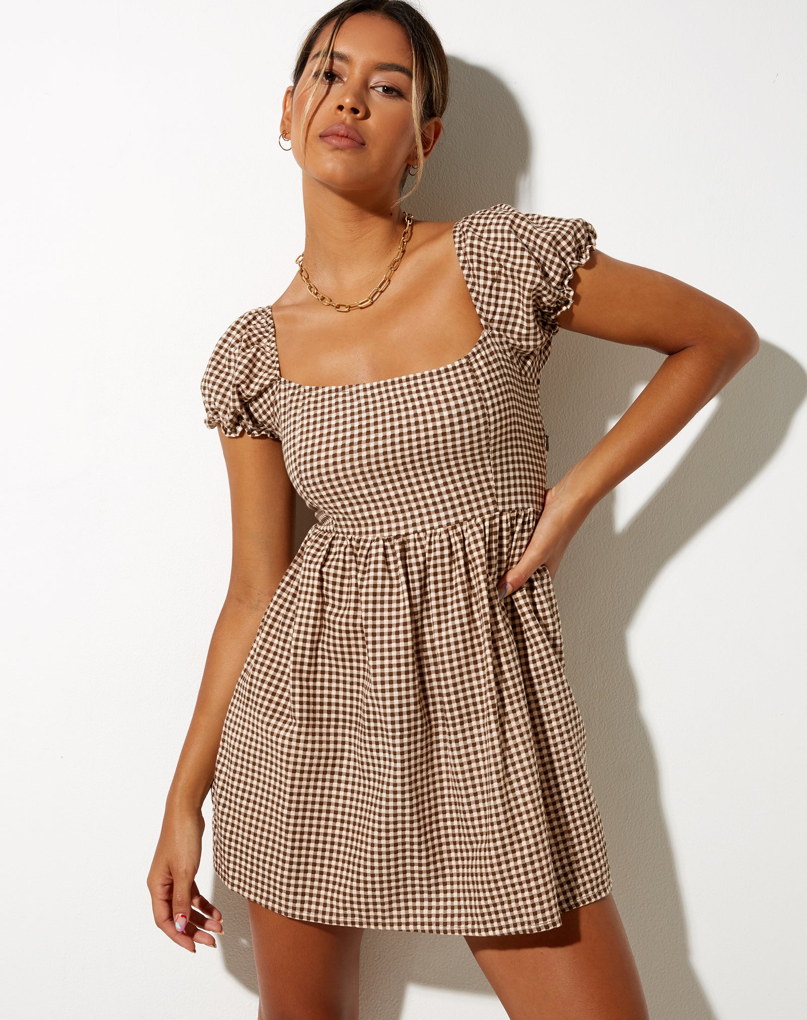 Short Sleeve Brown Check Skater Dress ...